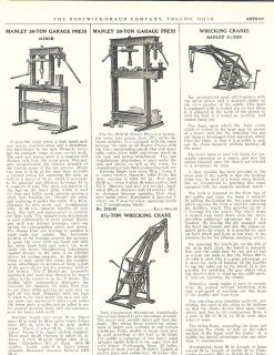 1927 ad Manley Wrecking Cranes Tow Truck Garage Press Tire Changers