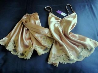 GORGEOUS LACY SLINKY GOLD SATIN CAMISOLE + FRENCH KNICKERS SET XL 1X 