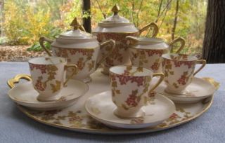 MF Limoges France Hand Painted Tea Set w Tray Butterflies Flowers 