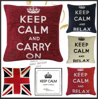 KEEP CALM CARRY ON / RELAX Chenille Filled Cushions or Cushion Covers 