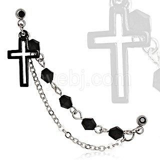   316L Surgical Steel Black IP Chained Cross Cartilage Earring 6mm post