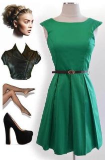 50s Style KELLY GREEN Belted Scoop Neck w/V Back A GRAND WEEKDAY NIGHT 