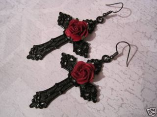 large jet black cross red rose gothic earrings dita from