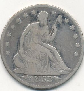 1853 seated liberty silver half dollar with arrows rays nice