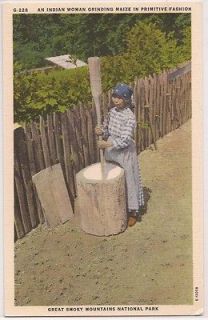   Smoky Mountains National Park Postcard Indian Woman Grinding Maize
