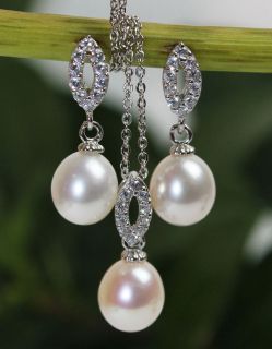 AO122 Genuine STERLING SILVER White Pearl Pendant Necklace Earrings 