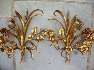 PAIR 1960 Italian HOLLYWOOD REGENCY Gold Gilt Floral Metal Sconce 