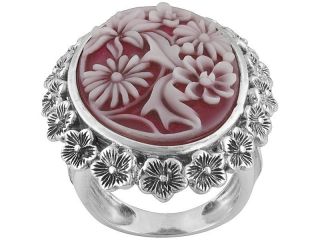 Carved Flowers Red & White Resin .925 Sterling Silver Ring *FREE 