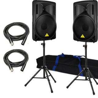 Behringer B215D B215 15 PA Powered Speakers w/ Stands and XLR Cables