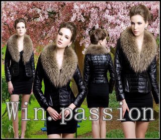 NWT Women Elegant Winter Goose Down Real Fox fur Short PU Leather 