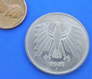 Germany 5 Deutsche Mark Coin. 1975F. 29 mm. Eagle. UNC with some bag 
