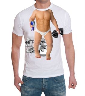 mens baby WEIGHTLIFTER t shirt comical funny headless baby tv advert
