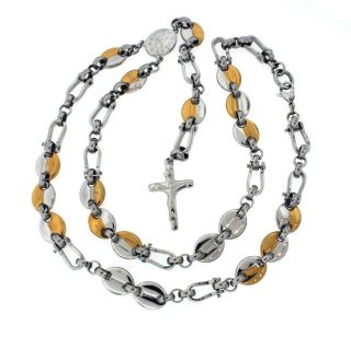 Mens White Yellow Gold Tones Rosary Chain Necklace With Cross 18