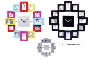 SILVER MODERN 12 MULTI PHOTO PICTURE FRAME & TIME WALL CLOCK FAMILY 