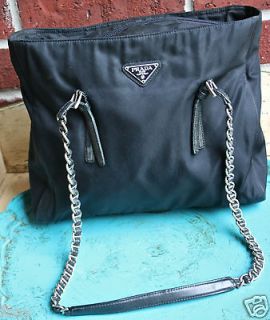   Italy Nylon & LEATHER Chain Classic City Girl TOTE Bag Purse AUTHENTIC