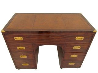 Quality Antique Flamed Mahogany Campaign Military Knee Hole Desk 