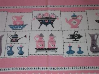 Vintage Mid Century Cotton Tablecloth~Pink&White~Kitchen Motif~53x66