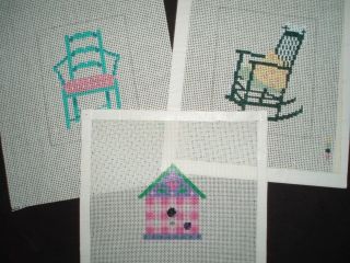 HAND PAINTED NEEDLEPOINT CANVASES (3) 13CT ADORABLE CHAIRS & BIRDHOUSE 