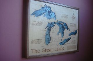 Wood topography map of the Great Lakes in a 3 dimensional effect