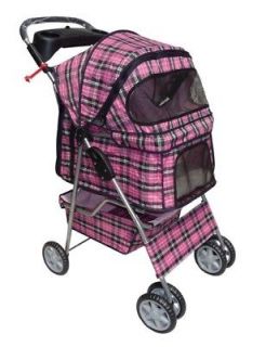 NEW Classic Pink Plaid Four Wheels Pet Dog Cat Stroller w/Rain Cover