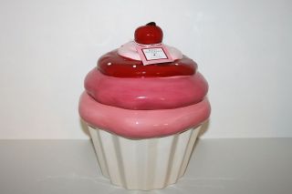 cute pink red and white cupcake cookie jar new time