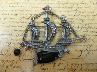 Antique Silver Black Flag Pirate Ship Sea Boat Crystal Brooch