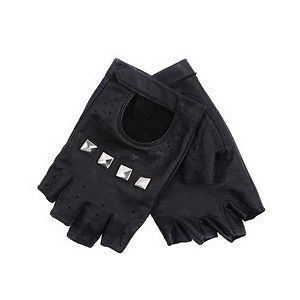 NEW  BLACK LEATHER FINGERLESS FASHION GLOVES W/ METAL DECALS