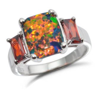   Silver Rainbow Opal Square Shape w/ Garnet CZ Ring  Sizes 6 to 10