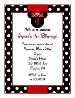 Personalized Minnie Mouse Birthday Party Invitations Red or Pink