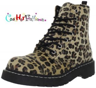 TUK Brown & Black Faux Hair Leopard Combat Boot Shoe Punk Goth Emo 