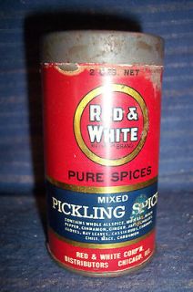 Vtg Red & White Brand Mixed Pickling Pure Spice Tin Good Color