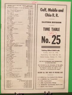 Time Table Gulf, Mobile and Ohio Railroad Eastern Division No 25 April 