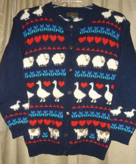 CHARTER CLUB Country DUCK Cow FLOWER Heart Cardigan SWEATER Small Wool 