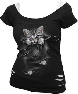 Spiral Direct Bright Eyes Black Cat Kitten 2 in 1 Distressed Tshirt 