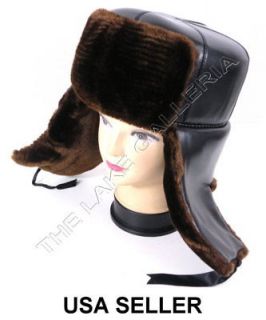 russian ushanka faux leather fur winter hat black brown