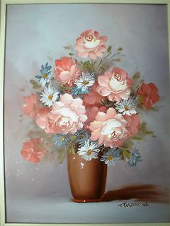 Robert Cox Vintage Original Oil Painting Pink Roses in a Vase, 1900s 
