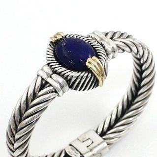 Flli Menegatti Sterling Silver/925 18K Gold Lapis Hinged Cable Bangle 