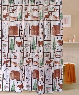 Forest Bear Eagle Deer Fish Pine Picture Bathroom Fabric Shower 