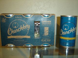 Six Pack of Church key O/I Steel Empty Flat Top Beer Cans w/Case and 