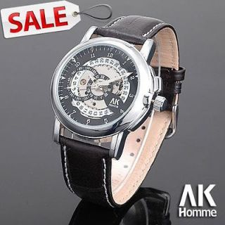   mens open heart dial black leather Automatic Mechanical wrist watch