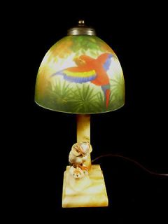 VINTAGE ALABASTER OWL LAMP WITH FANTASTIC HAND PAINTED PARROT BIRD 