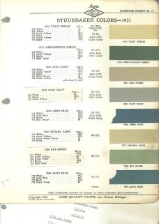 1951 STUDEBAKER Color Chip Paint Sample Brochure / Chart Acme