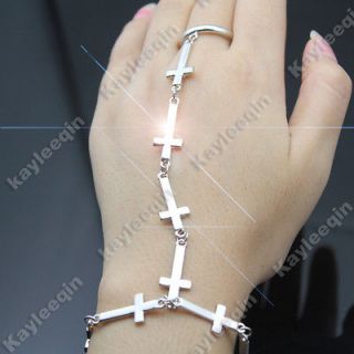   Silver Full Cross Slave Chain Hand Harness Armour Bracelet Ring Goth