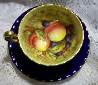 AYNSLEY BONE CHINA ORCHARD FRUIT, COBALT BLUE CUP AND SAUCER