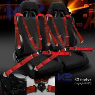   CLOTH PVC LEATHER RACING SEATS w/ CAMLOCK 4 PT RED SEAT BELTS HARNESS