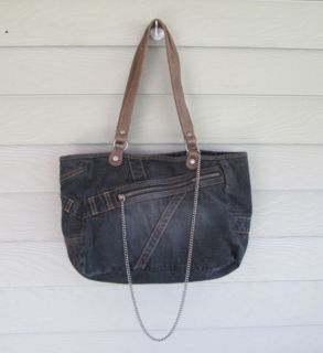   Womens Black Denim & Leather Satchel Bag Handbag Purse with Chain