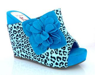 New Kayleen Blue Black Leopard Platform Wedge Mule Clog Women Sandal 