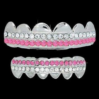 ICED OUT 2 ROW SILVER TOP & BOTTOM HIP HOP BLING GRILLZ SET