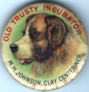   pin Old Trusty INCUBATOR pinback DOG button M.M. Johnson Nebraska