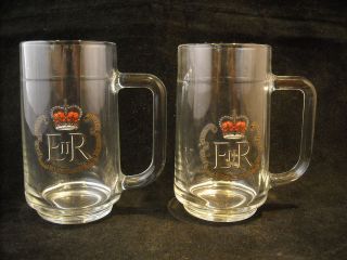 pair of glass mugs from queen elizabeth ii silver jubilee